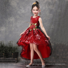 KLS004 Full Sleeves Red Girls Dresses Short Front Long Back Kids Frock Printed Performance Girls Party Dresses Princess Wedding